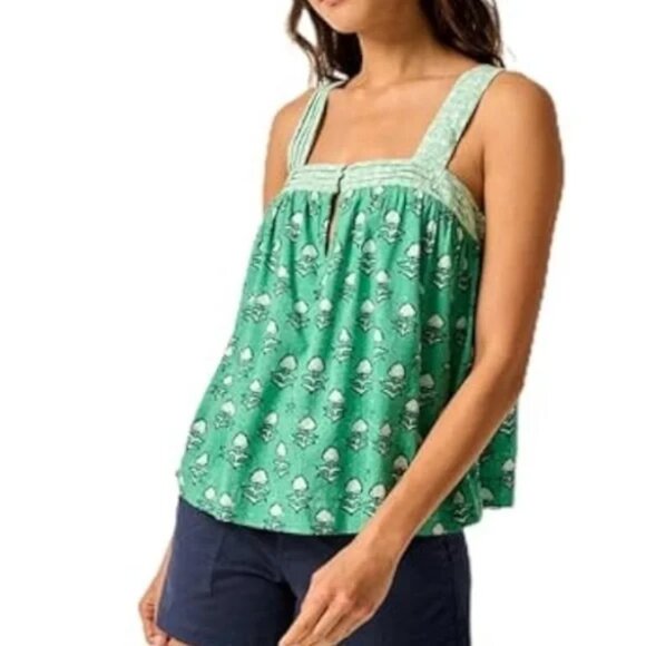 Johnnie-O Elin Contrast Block Print Tank Top in Ming Green Square Neck Breezy - Picture 8 of 16